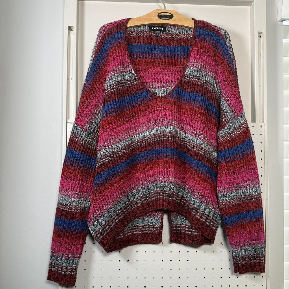 Express Sweater Women's‎ Small Multi Striped Knit Split Back V Neck Pullover